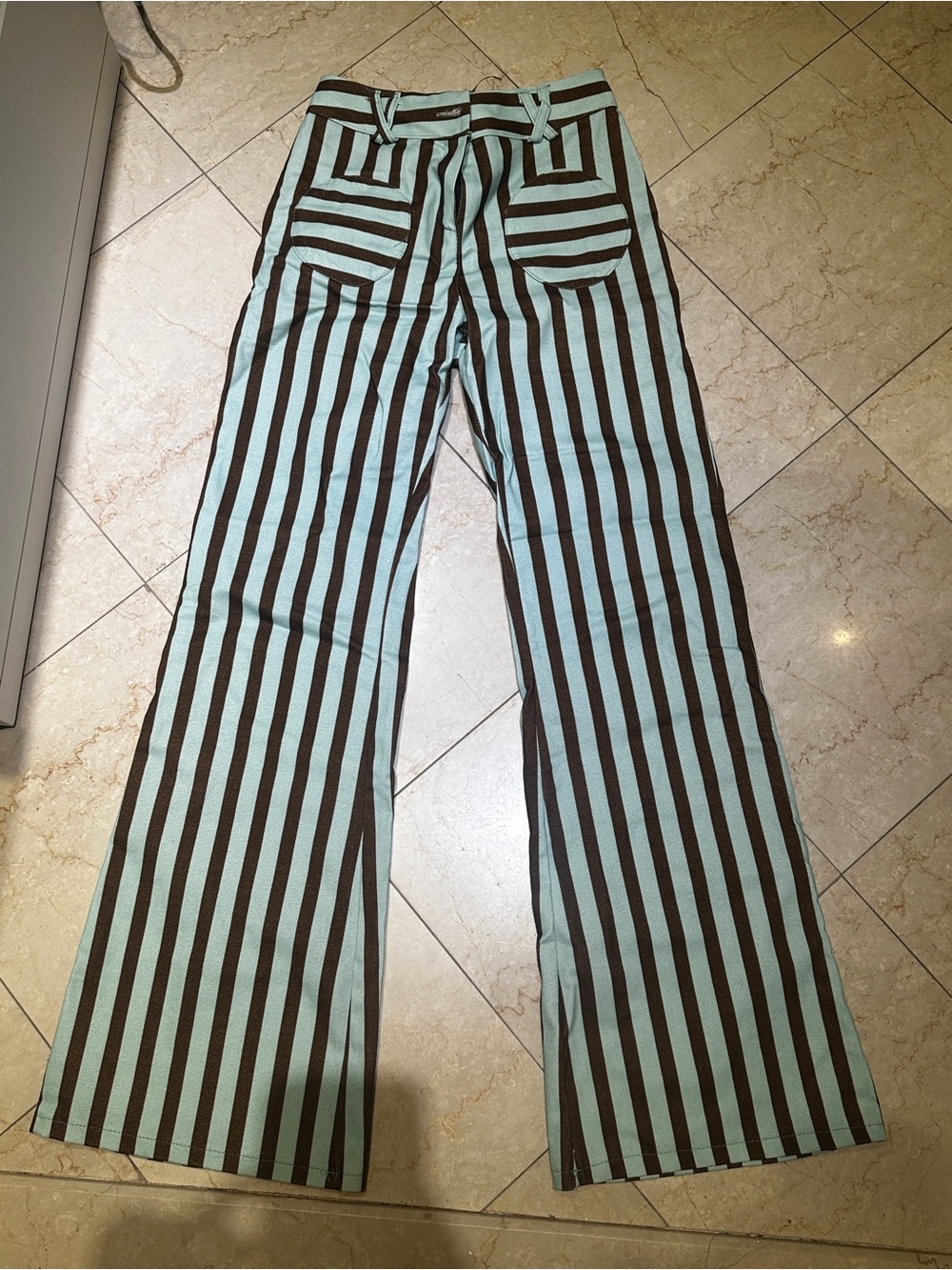 Striped Wide-Leg Women’s Jeans in Mint and Brown